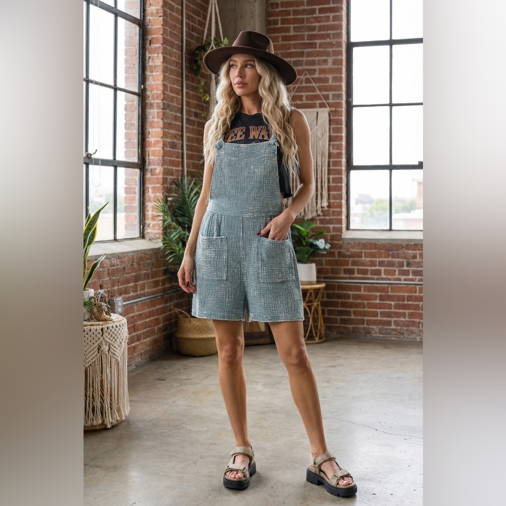 NWT Textured Gauze Washed Blue Grey Knot Strap Jumper Overalls Shortalls Romper